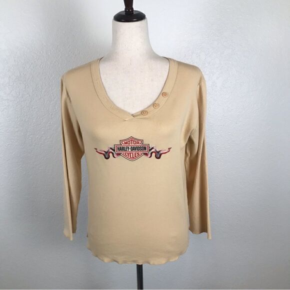 Harley-Davidson Tops - Harley Davidson peachy-beige V-neck long sleeve T-shirt L